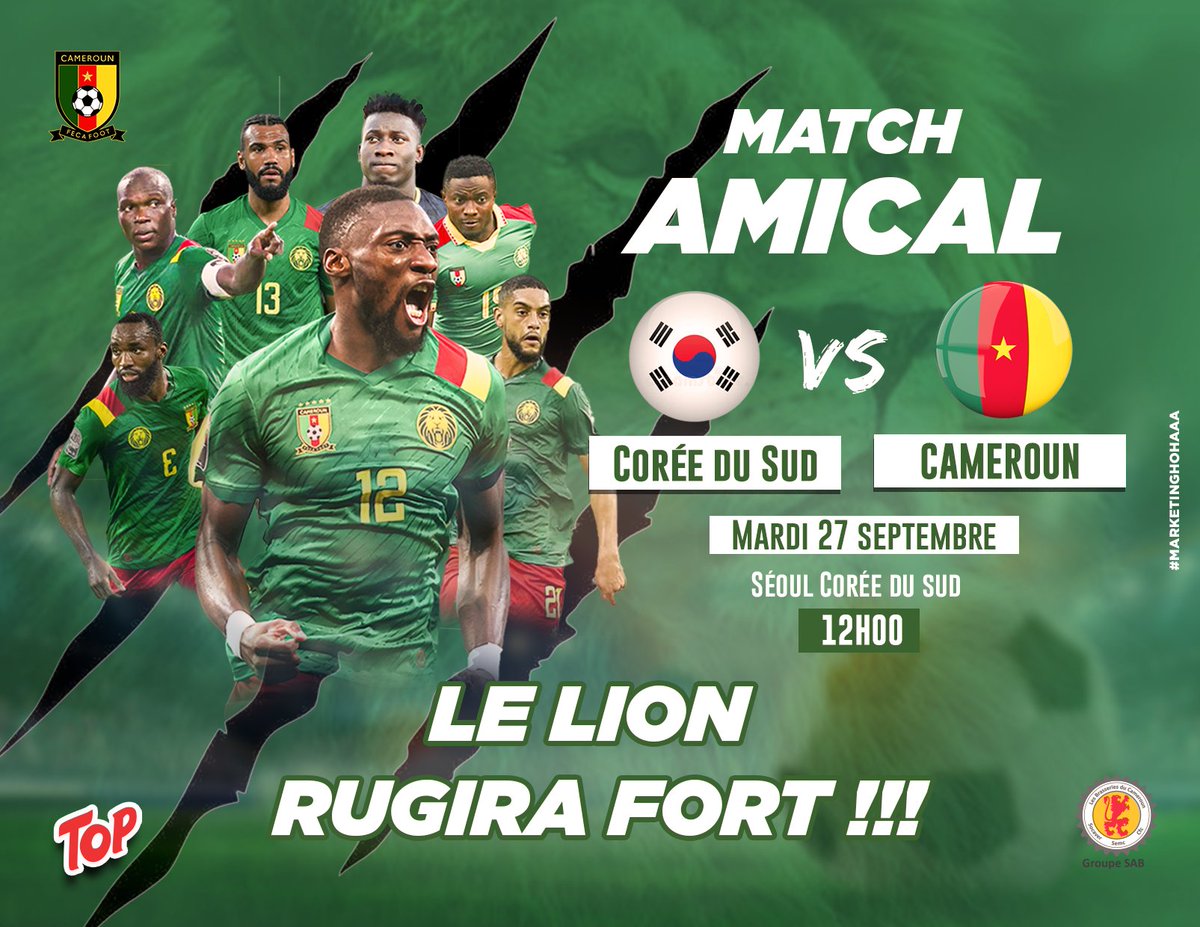 TopCameroun's tweet photo. Les lions redescendent dans l'arène demain pour un match très engagé contre la Corée du Sud. 
Nos lions doivent réaliser une belle prestation pour essuyer la défaite contre l'Ouzbékistan. 
Le match se joue à 12h.

Faites vos pronostics

Cc @FecafootOfficie

#TopDivers
#TT237 https://t.co/4lEZTdvyPM