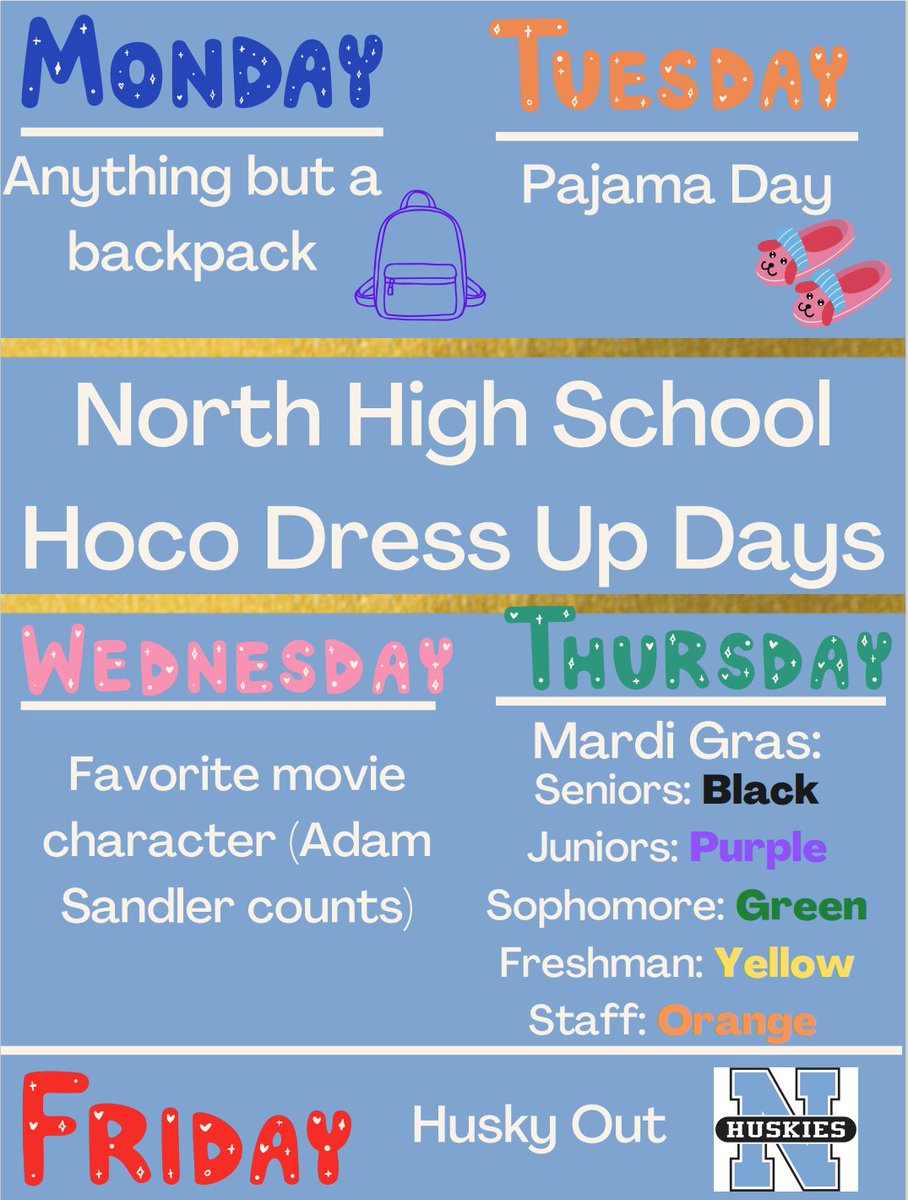 ecnorthhuskies's tweet photo. We are so excited to kick off Homecoming Week with "Anything but A Backpack" Day. We can't wait to see all of our Huskies dressed up for the rest of the week! Happy Homecoming! https://t.co/Uj3MR2mslu