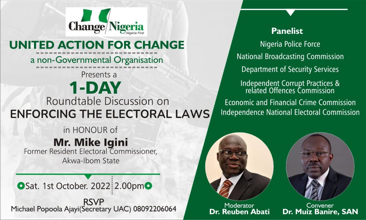 UacNG's tweet photo. You are invited to attend our 1-Day Roundtable Discussion on "Enforcing The Electoral Laws"

Register to join the conversation https://t.co/t7IlHdxjhC

cc: @abati1990 @Mbanire https://t.co/HhxPEzcXvc