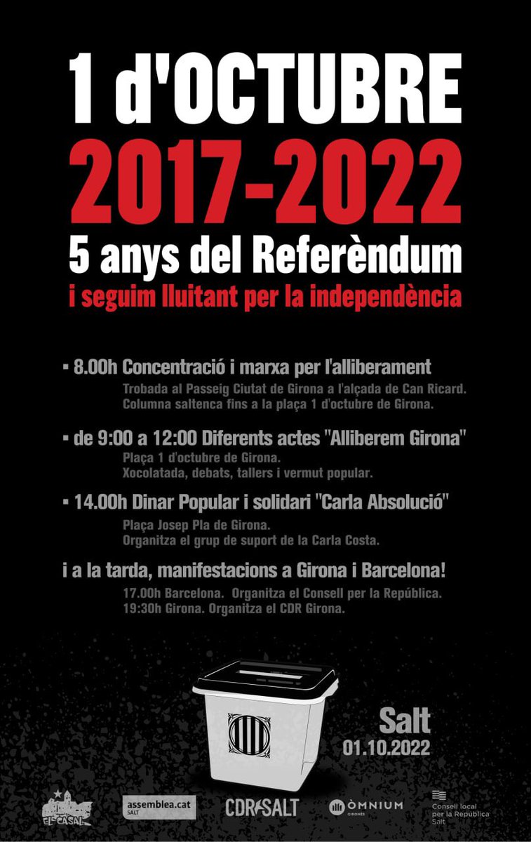 Aquest dissabte <a href="/cdrsalt/">CDR Salt ✊🏽</a> <a href="/casalsaltenc/">Casal Saltenc Independentista</a> <a href="/omniumgirones/">Òmnium Gironès</a> i <a href="/AncSalt/">ANC Salt ||*||</a> us esperem dissabte 01/10/22 📅 a les 8:00 del matí davant de can Ricard per anar en columna Saltenca fins a Girona‼️‼️‼️ Allà gaudiren dels diferents actes de l’alliberament ‼️‼️ animeu-vos‼️‼️ LLUITEM‼️‼️