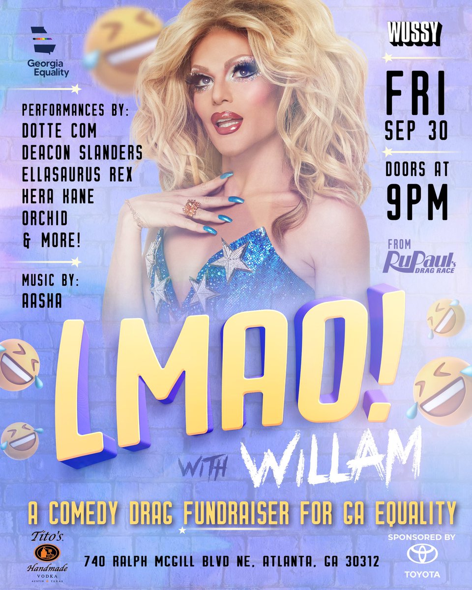 Atlanta this Friday! A fundraiser for Georgia Equality! Going to be 🔥🔥🔥🔥🔥🔥🔥🔥🔥🔥

<a href="/GAEquality/">Georgia Equality</a> <a href="/wussymag/">Wussy Mag</a> <a href="/VenkmansATL/">Venkman's</a> <a href="/willam/">Willam</a> 

Tickets: ticketweb.com/event/lmao-a-c…