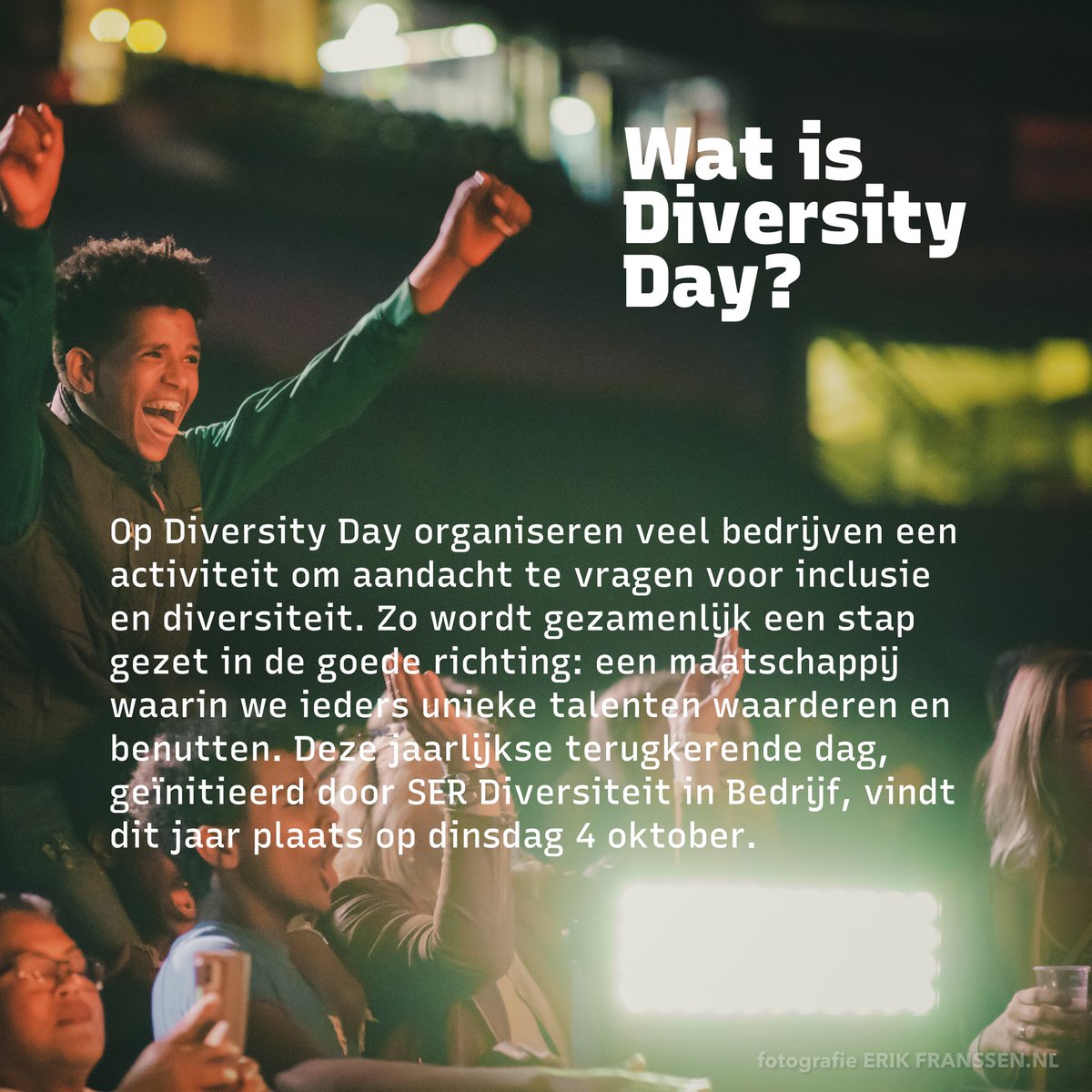 Op dinsdag 4 oktober is het Diversity Day! Op deze dag organiseren bedrijven een eigen activiteit om aandacht te vragen voor diversiteit en inclusie. Vier jij het mee? #diversityday #gelijkspel #inclusie #diversiteit