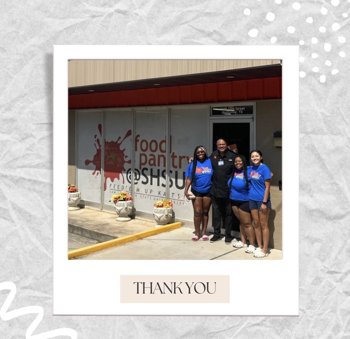 We appreciate Terry Williams for stopping by at the food pantry this past weekend.

#SHSU26 #SHSU25 #SHSU24 #SHSU23 #SHSU22 #SHSU #FoodPantry #EatEmUpKats