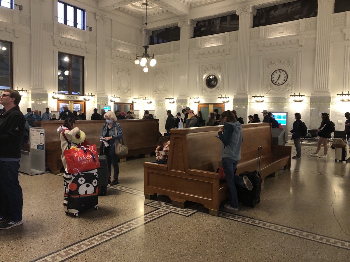 A view of King Street Station this morning for our first trip to restart train service to Vancouver BC and to all stations north of Seattle. It's been way too long. We've missed you! <3