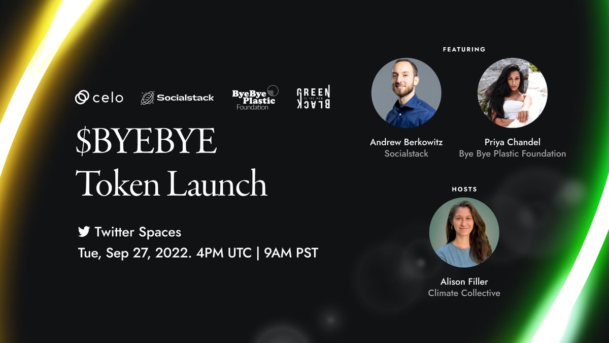 Celo.eth/acc 🦇 🌳 (@celo) on Twitter photo $BYEBYE is coming soon—get ready to say bye to plastic! 🥳
Join @trysocialstack, <a href="/byebyeplastic/">Bye Bye Plastic Foundation</a>, and <a href="/GITNBglobal/">GreenIsTheNewBlack</a> to learn about the impact-to-earn social token launch at The Conscious Festival in Paris.
Set a reminder. ⤵️
x.com/i/spaces/1OyKA… $BYEBYE is coming soon—get ready to say bye to plastic! 🥳
Join @trysocialstack, <a href="/byebyeplastic/">Bye Bye Plastic Foundation</a>, and <a href="/GITNBglobal/">GreenIsTheNewBlack</a> to learn about the impact-to-earn social token launch at The Conscious Festival in Paris.
Set a reminder. ⤵️
x.com/i/spaces/1OyKA…