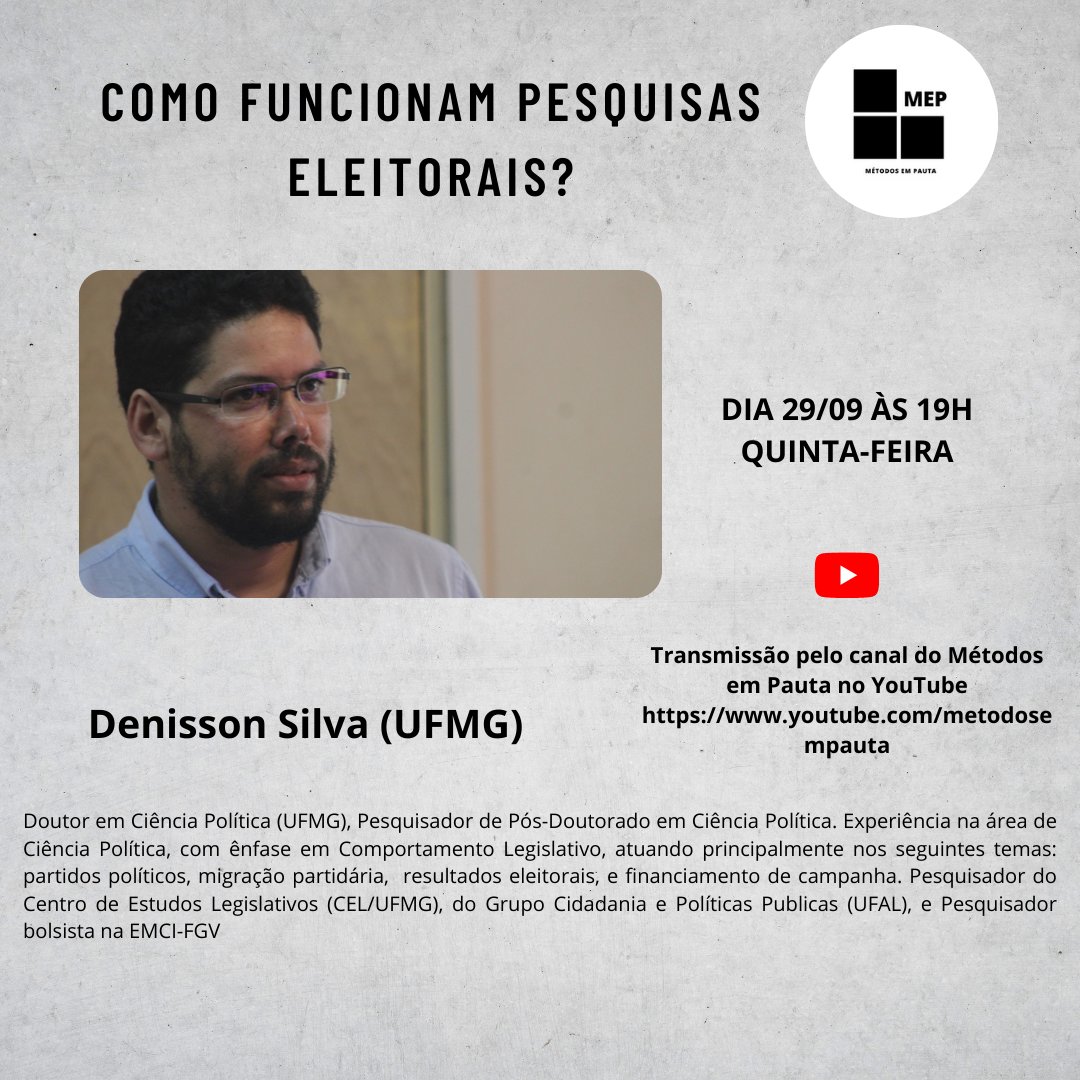 Como as pesquisas eleitoras funcionam? O que é população, amostra e amostragem? Existe alguma coisa que indique manipulação? E como funcionam os agregadores? Para responder todas essas perguntas, o MeP convidou @denissoncsol para um bate-papo. Quinta, às 19h, no canal do YouTube.