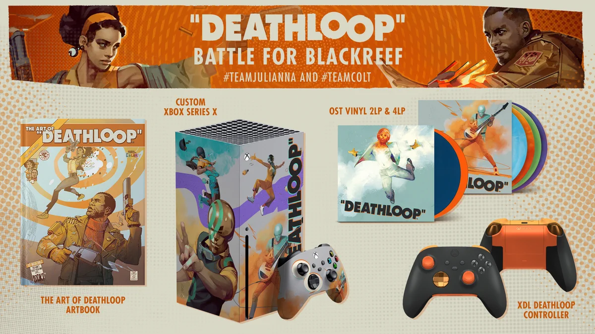 Image of the Art of DEATHLOOP Art book, Custom Xbox Series X, DEATHLOOP Vinyls, and DEATHLOOP Inspired Xbox Controller which are all prizes for this week's Battle of Blackreef event. 