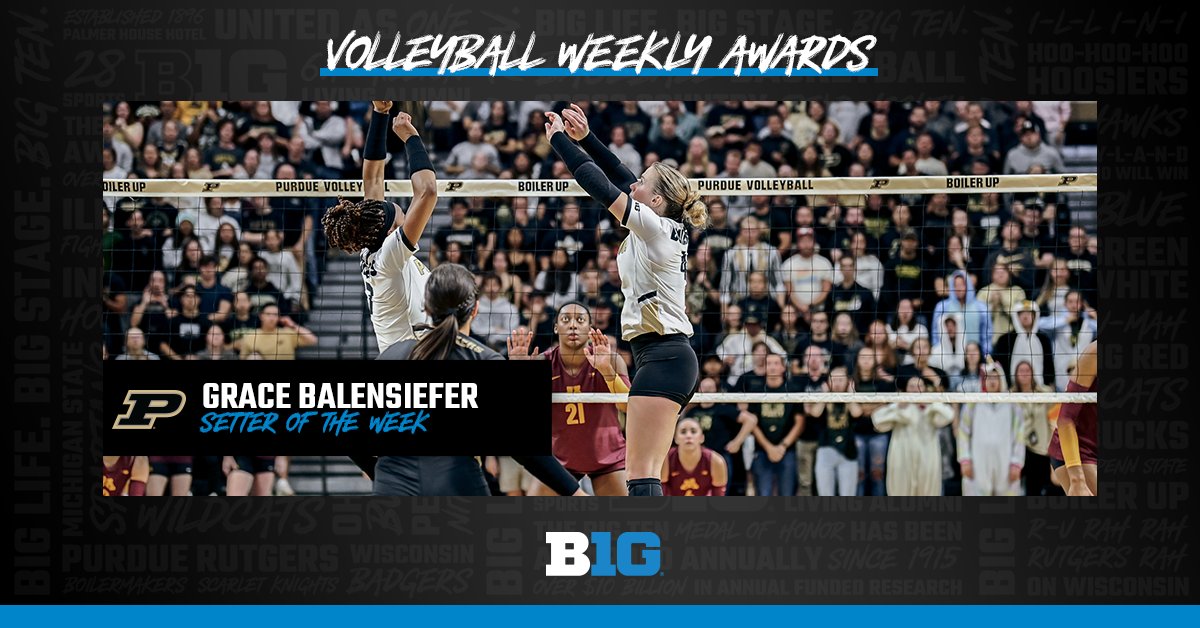 B1GVolleyball's tweet photo. 🏐 WEEKLY AWARDS 🏐

Grace Balensiefer of @PurdueVB is the #B1G Setter of the Week!

🔗 https://t.co/zhRvVoU1G5

#B1GVolleyball x #BoilerUp https://t.co/ULA0cxWpTr