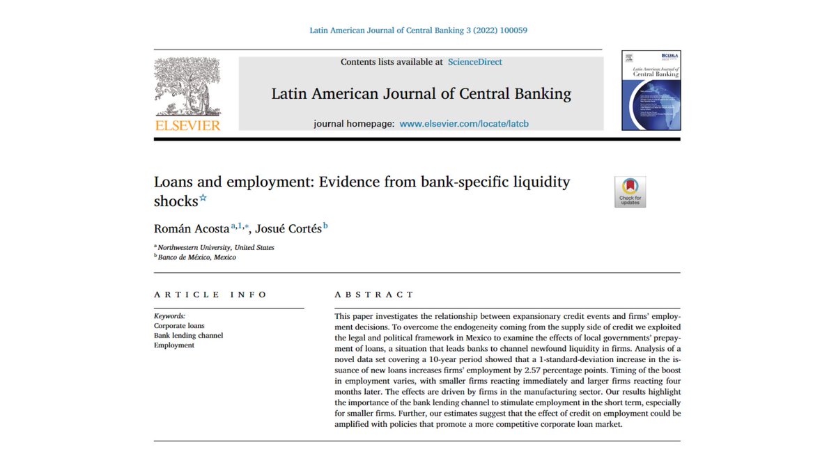 LAJCB_'s tweet photo. 🔎What is the relationship between #creditexpansion and firms' #employmentdecisions? In "Loans and Employment: Evidence from Bank-Specific Liquidity Shocks" Acosta &amp; Cortés find that a 1 SD increase in new credit raises # of employees by 2.57 pp
Read more: https://t.co/xwfgb2cdyV https://t.co/tRd19374rp