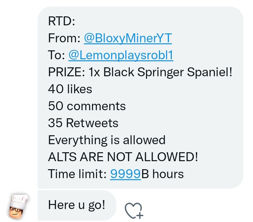 Lemonplaysrobl1's tweet photo. Yay! Rtd from @BloxyMinerYT 
Please help me, looking for more rtds btw, appreciated if you help😘 https://t.co/LcPatbAFNg