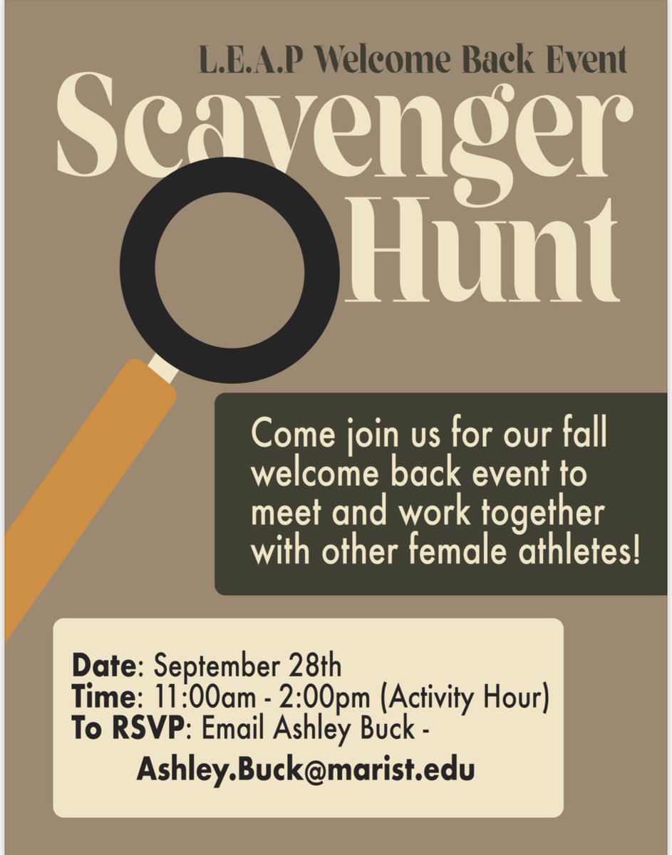 MaristCSAE's tweet photo. The Center for Student-Athlete Enhancement and LEAP invites you to a Welcome Back Scavenger Hunt! 
Wednesday, September 28th during activity hour.
Meeting at the library patio facing the green. This is an opportunity to meet other female  athletes! RSVP
Ashley.Buck@marist.edu https://t.co/9JexHW6Nr6
