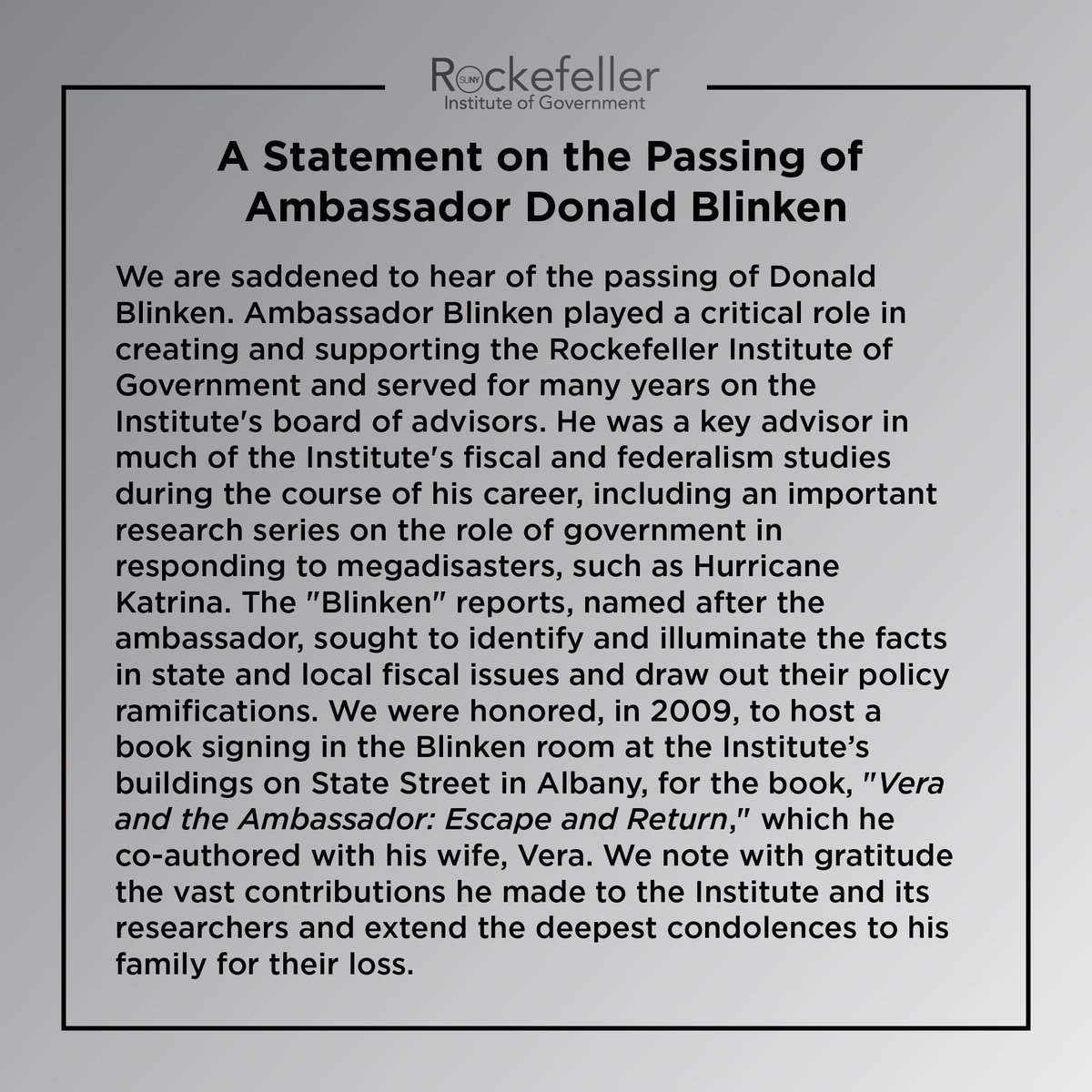 We are saddened to hear of the passing of Ambassador Donald Blinken. The ambassador played a critical role in creating, supporting, and advising the Institute over the course of his career. Our full statement is below.
