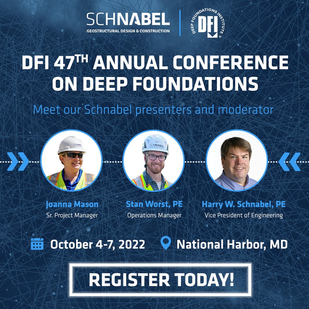 SchnabelGeo's tweet photo. Schnabel is proud to be a gold sponsor at the 2022 @DFI_Tweets 47th Annual Conference on Deep Foundations!
Register now to join us at this exciting event!
#DFI47 #deepfoundations #conference #principledproven https://t.co/cdBVJyfkka