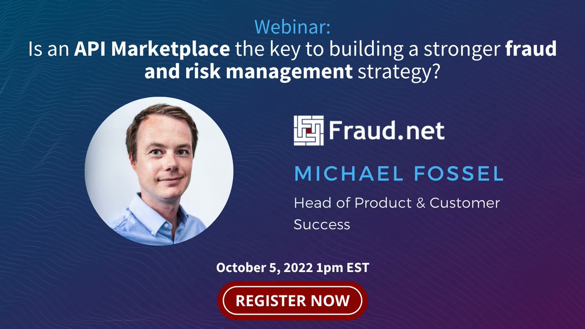 Fraud_net's tweet photo. Our first panelist for our upcoming webinar is Michael Fossel, our Head of Product &amp; Customer Success. 

To hear his insights about #APIMarketplaces from years of providing top-quality #fraudprevention, register NOW for our upcoming webinar: https://t.co/iF0zhzM7gg https://t.co/YAsCtVdEia