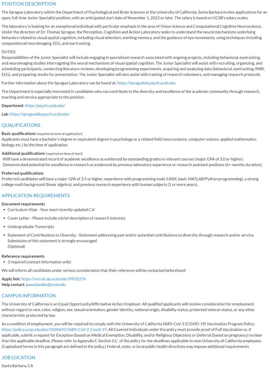 SpragueLabUCSB's tweet image. The Sprague Lab has a job opening for a Junior Specialist to help with ongoing projects in the lab. Full ad here: recruit.ap.ucsb.edu/JPF02276
Read more about our work at spraguelab.psych.ucsb.edu
Review begins OCT 15, 2022