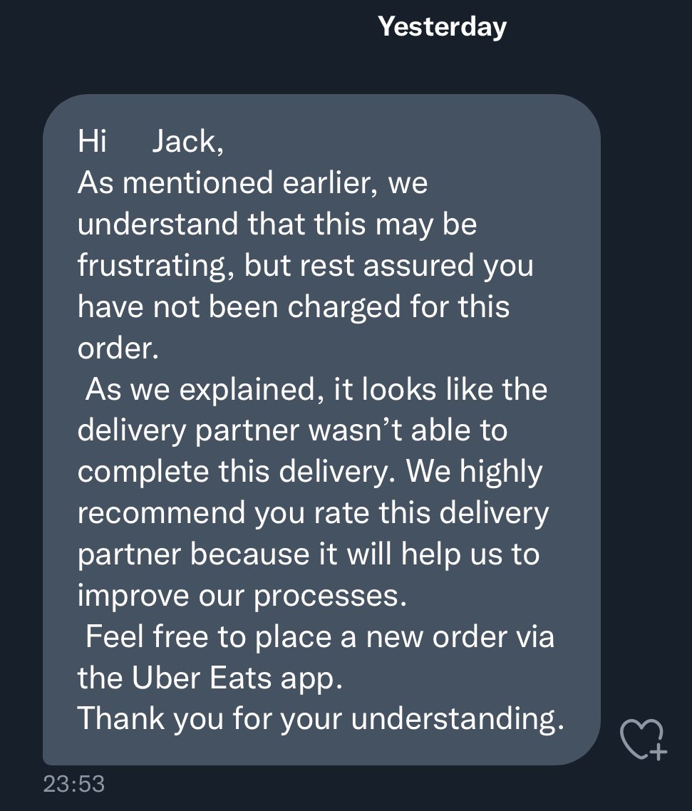 dolan93's tweet photo. @UberUKsupport Hi Uber Eats. You haven’t helped at all as you haven’t covered the expense of me missing my plans due to being unable to cancel the order which was then cancelled by the delivery partner. Please re-investigate. https://t.co/Z4ps7rp3T7