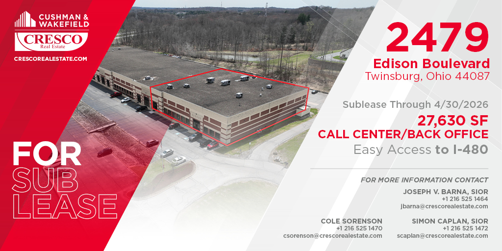 TeamBarna's tweet photo. 27,630 SF Call Center Available for Sublease. Let Joseph V. Barna, SIOR, Simon Caplan, SIOR or @sorenson_cole take you on a tour today! @Cresco_RE 
Brochure: https://t.co/xdKiCHm5I4 https://t.co/R3SmkfPzTg