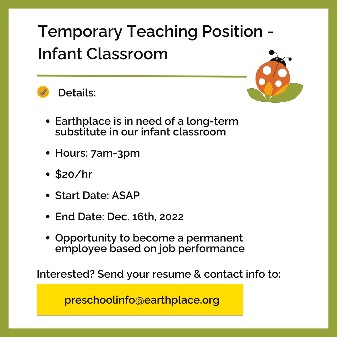 Earthplace Preschool is hiring! Send your resume and contact info to preschoolinfo@earthplace.org