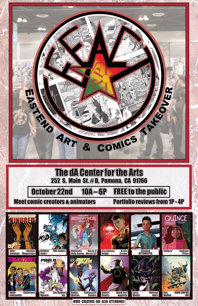 10/22 @GokiburiArtist curates the EastEnd Art & Comics Takeover at @TheDACentre in #Pomona ft. @KeithanJones , @RAHeight , @MHollyRosing , @QuinceComic , @DeangeliniEddie & more!