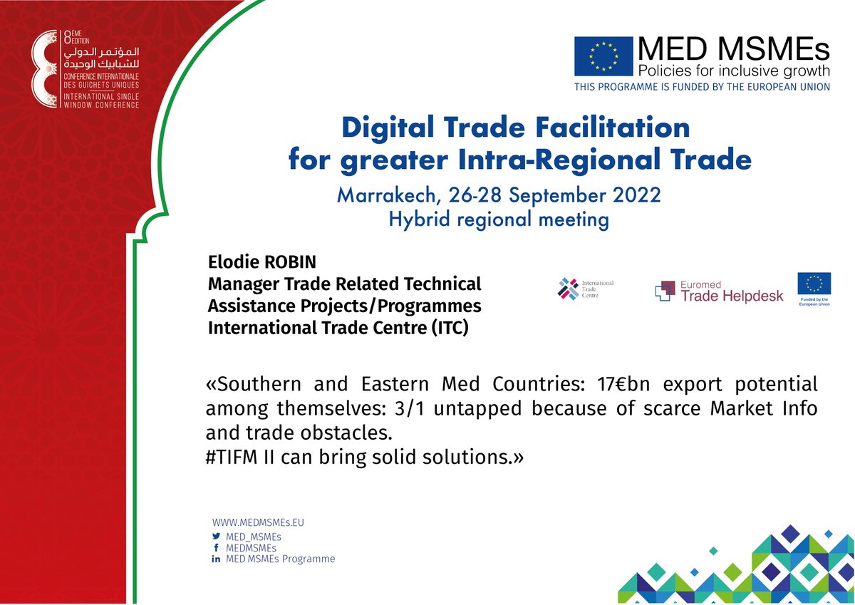 MED_MSMES's tweet photo. Elodie ROBIN, Manager Trade Related Technical Assistance Projects/Programmes - International Trade Centre (ITC): "Southern and Eastern Med Countries: €17bn export potential among themselves: 1/3 untapped..."
#Singlewindows #Portnet #TABADOOL #digital #SMEs #EU #dialogue #TIFM II https://t.co/F0w93zkZeb