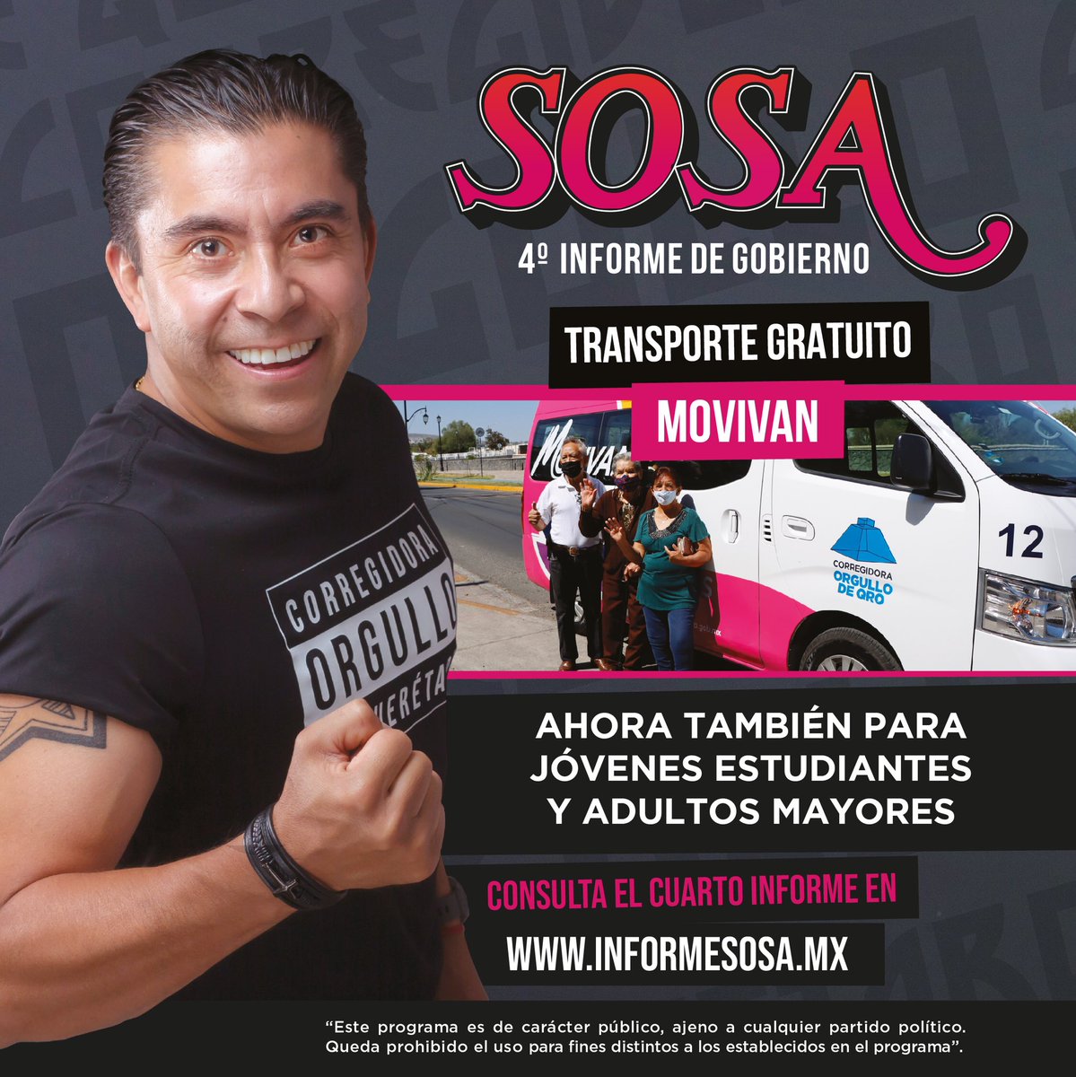 RobertSosaP's tweet photo. ¡Seguimos compartiendo logros del #Sosa4toInforme! Este año el transporte gratuito MOVIVAN amplió su cobertura, ahora también traslada a nuestros adultos mayores y estudiantes de #Corregidora. Conoce más en https://t.co/GFNiY07IHb #QueElProgresoNoPare https://t.co/junuVOEipd