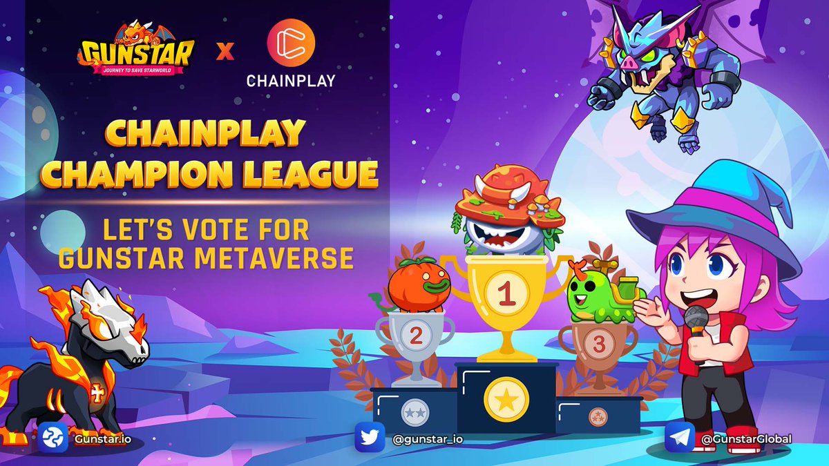 FROM GUNSTAR WITH LOVE

❤️ Let's vote for #Gunstar #Metaverse at the CHAINPLAY CHAMPION LEAGUE Event

🚀 Prize pool: $3000 BUSD
⏰ Timeline: From September 26, 2022, to October 3, 2022

#nftgame #esportsfi $GSTS $GSC #PlayAndEarn #FreeToPlay #NFTs #Web3 #BuildonBNBChain #BNBChain