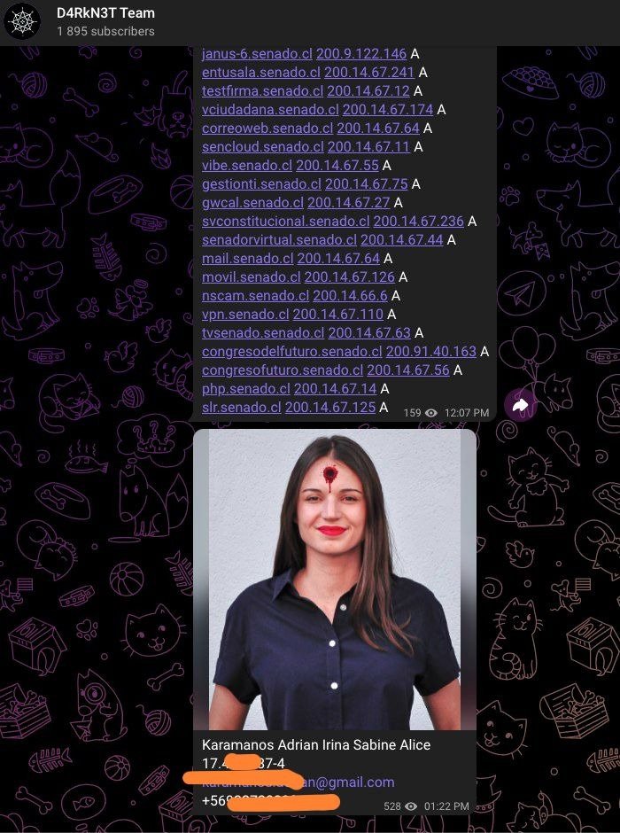 BotCheckerCL's tweet photo. El mismo grupo que llama a hackear al @Senado_Chile está haciendo circular esta imagen de @IrinaKaramanos junto a sus datos como teléfono y mail.

El grupo hacktivista es dirigido por un Venezolano y está ligado a los que organizan acosos selectivos a la UDI.
Mas detalles pronto. https://t.co/l1msN7M0zG