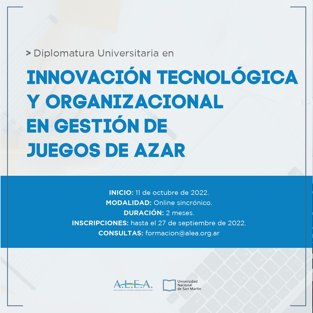 A.L.E.A. (@aleaorg) on Twitter photo 📲¡Últimos cupos!
📣Y cierre de preinscripción a la Diplomatura en Innovación Tecnológica y Organizacional en Gestión de Juegos de Azar ALEA- <a href="/unsamoficial/">Universidad Nacional de San Martín</a>
¡Hasta mañana continuamos preinscribiendo!
Para más info visitá👉 alea.org.ar/diplomatura y... ¡preinscribite! 📲¡Últimos cupos!
📣Y cierre de preinscripción a la Diplomatura en Innovación Tecnológica y Organizacional en Gestión de Juegos de Azar ALEA- <a href="/unsamoficial/">Universidad Nacional de San Martín</a>
¡Hasta mañana continuamos preinscribiendo!
Para más info visitá👉 alea.org.ar/diplomatura y... ¡preinscribite!