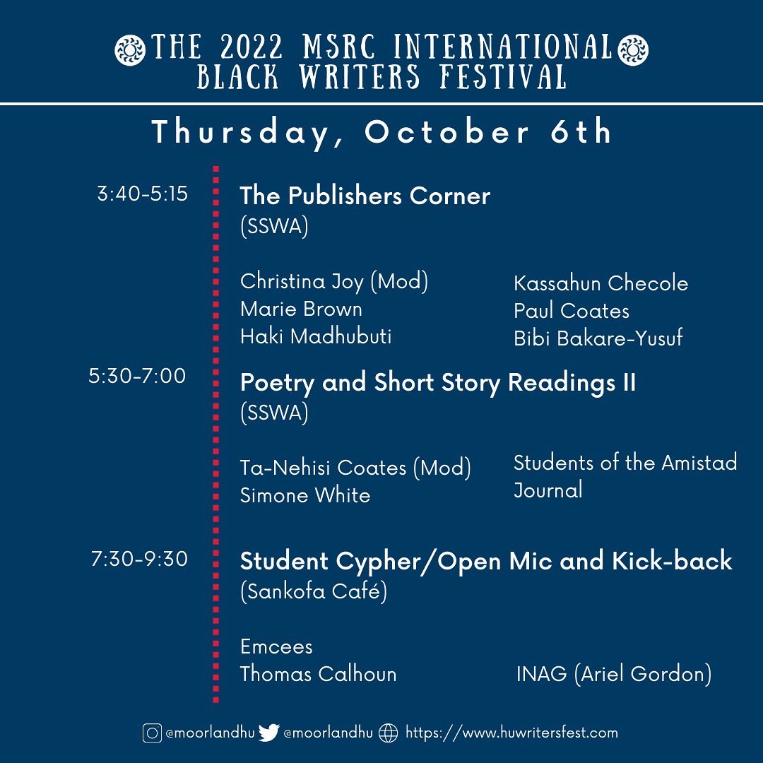 MoorlandHU's tweet photo. #HUwritersfest Update!

We are almost less than a week away before The International Black Writers Fest 2022! Take a look at a day by day break down of events and to see who will be joining us each day of the festival.

#msrc #huwritersfest https://t.co/w2aqyrkaGL