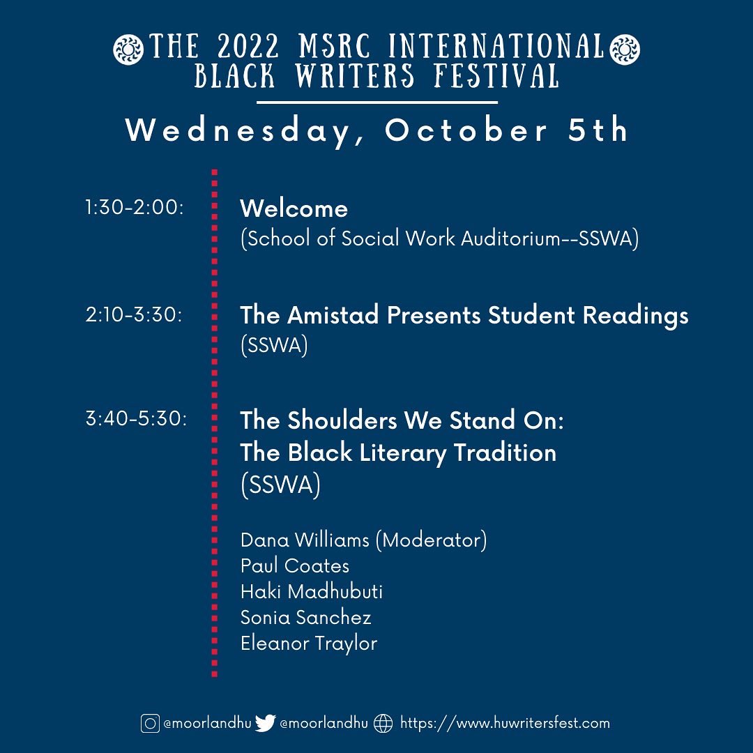 MoorlandHU's tweet photo. #HUwritersfest Update!

We are almost less than a week away before The International Black Writers Fest 2022! Take a look at a day by day break down of events and to see who will be joining us each day of the festival.

#msrc #huwritersfest https://t.co/w2aqyrkaGL