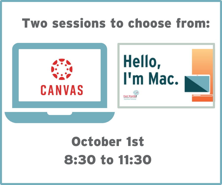 FWISDEdTech's tweet photo. Don’t miss our PD opportunities this Saturday, October 1st!  We’re offering TWO face-to-face sessions: Organizing Content with Canvas Modules and Hello, I’m Mac. Both sessions will run concurrently from 8:30 - 11:30 a.m., at M.G. Ellis. Click for details:  https://t.co/0aQiLCzqeu https://t.co/YS40lLsNC4