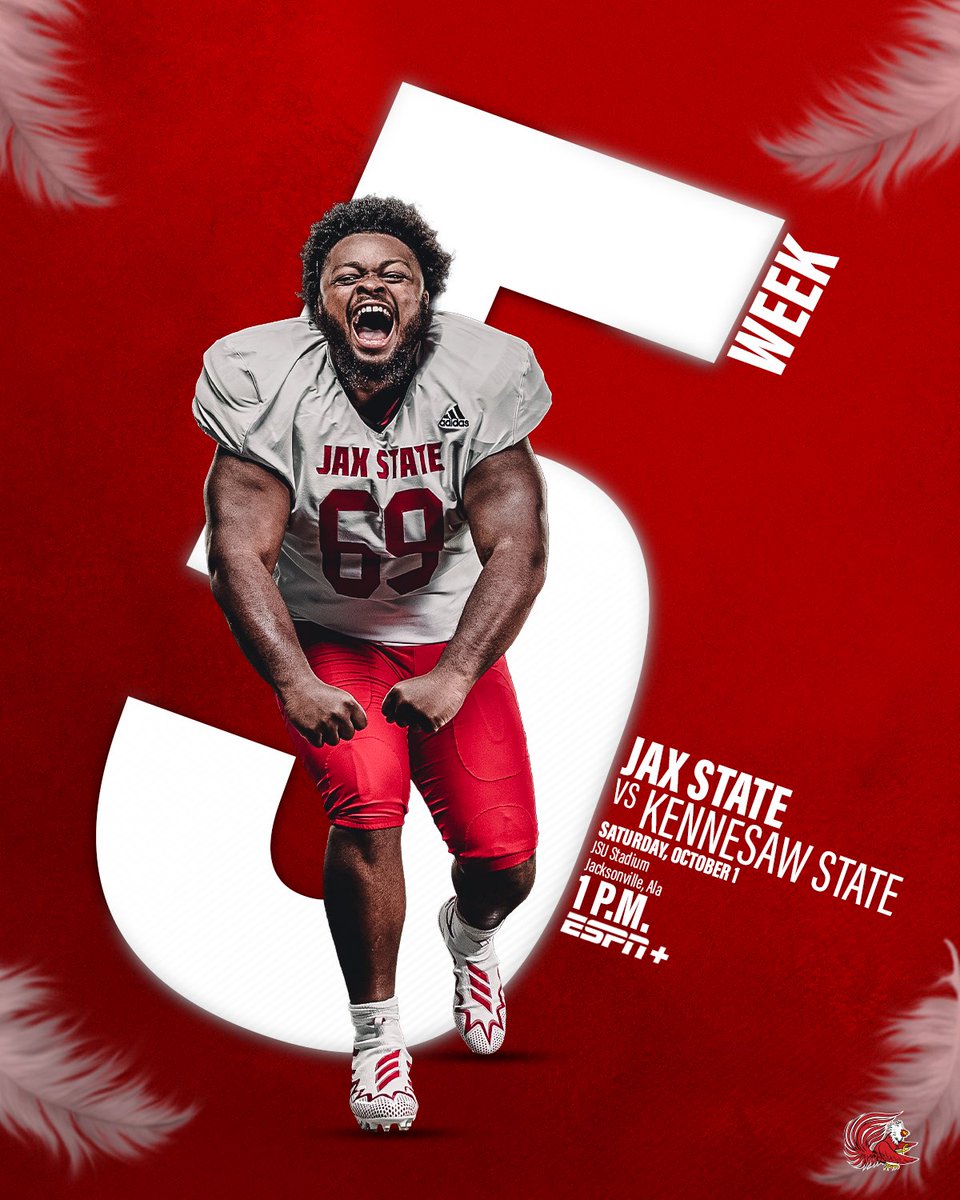JaxStateFB's tweet photo. ‼️𝗪𝗘𝗘𝗞 𝗙𝗜𝗩𝗘‼️

🆚 Kennesaw State 
🕐 1:00 PM 
📍 Burgess-Snow Field at JSU Stadium
🎟 https://t.co/L9ySmIDL27
📺 ESPN+

#HardEdge | #RTE21 https://t.co/q5xtioDfLI