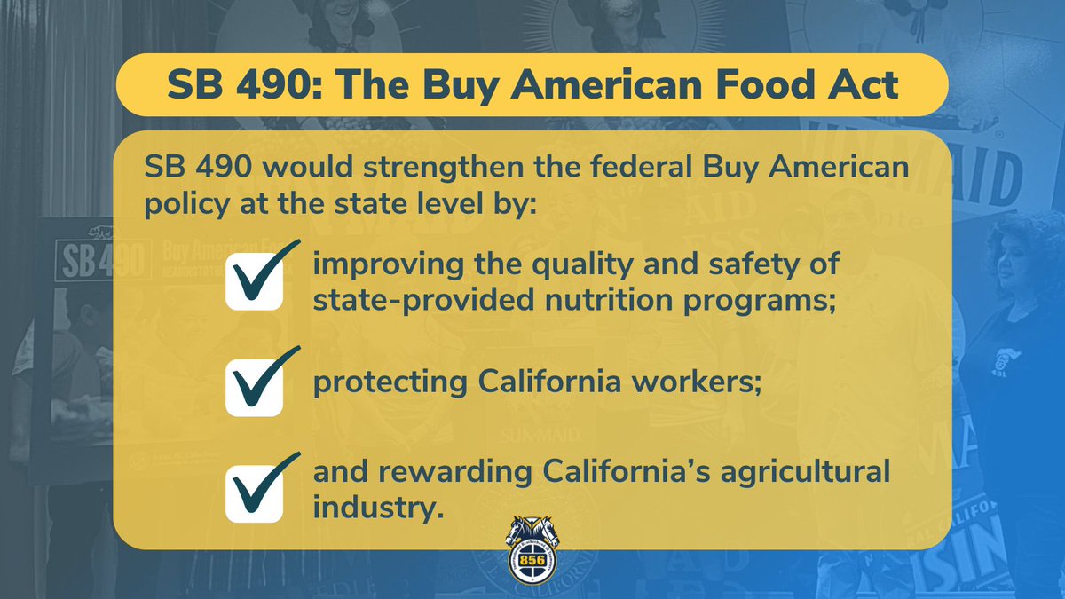 #SB490: The Buy American Food Act would strengthen the federal Buy American policy at the state level by: ✅ improving the quality and safety of state-provided nutrition programs; ✅ protecting California workers; ✅ and rewarding California’s agricultural industry.