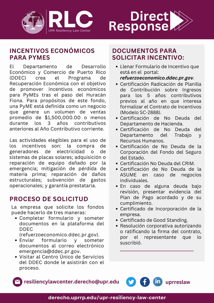 🚨RLC - Direct Response

¿Necesitas o conoces a alguien que necesite información sobre los incentivos económicos para Pymes? ¡Contáctanos! 

📧escríbenos a por correo electrónico a: resiliencylawcenter.derecho@upr.edu o por mensaje privado.

<a href="/Derecho_UPR/">Escuela de Derecho</a>
 
<a href="/FideicomisoUPR/">Educación Jurídica Continua UPR</a>