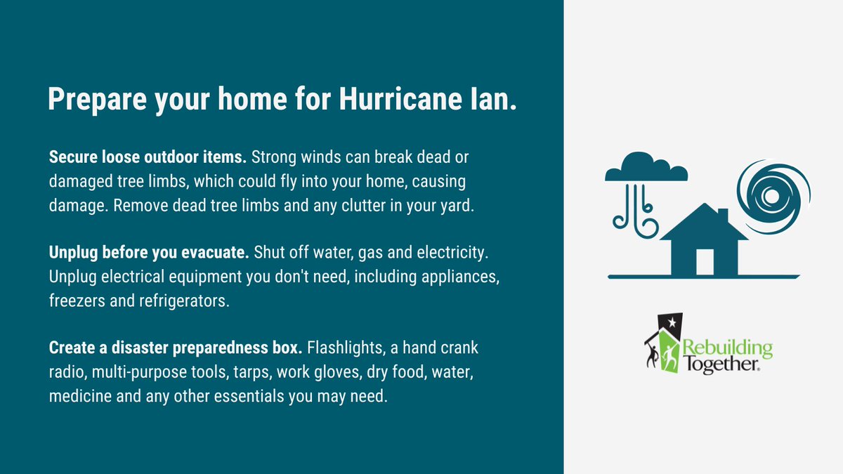 RebldgTogthr's tweet photo. There is still time to prepare for #HurricaneIan. If you're in an area that may be impacted, make sure you're ready. #ReadyRebuildRecover #Ian https://t.co/4YBkhHIpuJ