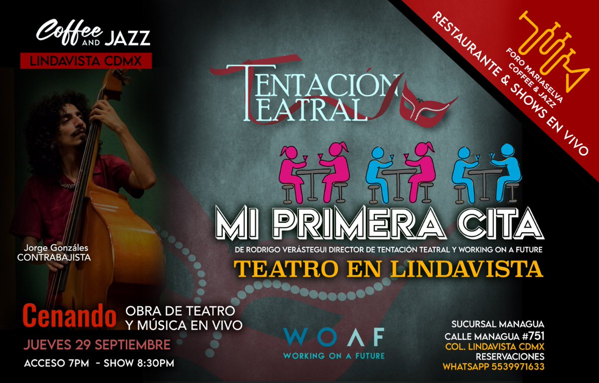 Ven a reír y divertirte, con esta comedia con más de 400 representaciones de éxito. 🎭.
Este jueves tenemos función única de <a href="/MiPCitaLGBT/">Mi Primera Cita</a> versión El &amp; Ella, en Coffee &amp; JAZZ Lindavista. 
Reserva al WhatsApp 55 5350 3575
