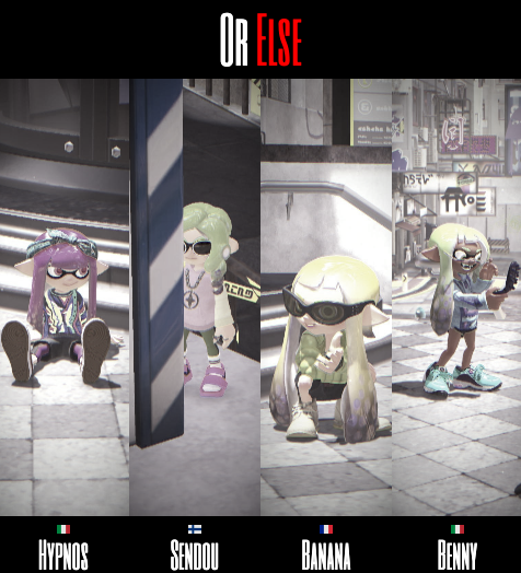 Sendouc's tweet image. NEW TEAM ALERT and it's called...

Or Else 
@OrElseSplatoon

@Hypnos_Splatoon 
@Sendouc 
@by_BANANA 
@BennyGT64 

Looking forward to some good games or else 🫣