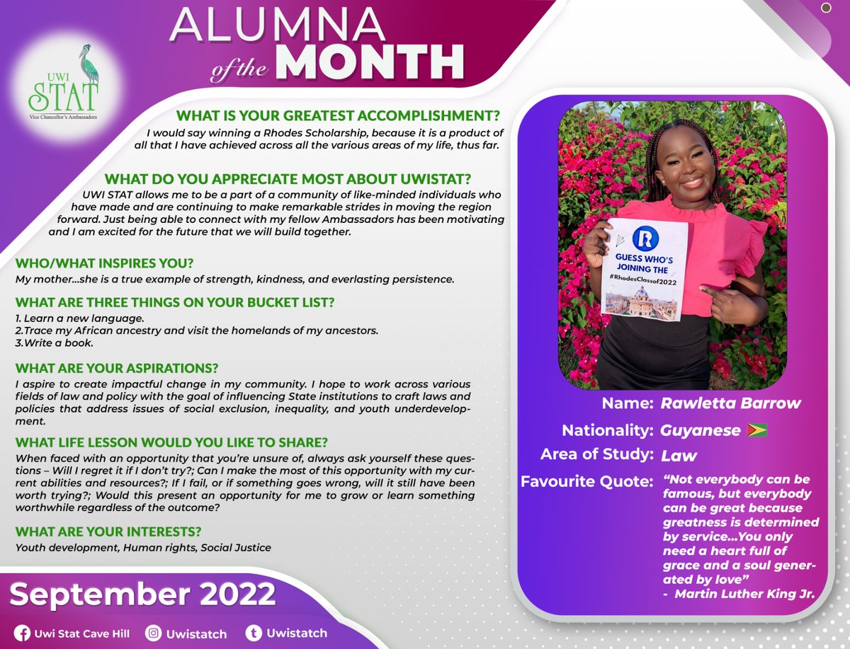 Meet our Alumna of the Month 💜, Ms.Rawletta Barrow from the Cooperative Republic of Guyana 🇬🇾

Rawletta received the coveted Rhodes Scholarship and joined the corps to share her views and experiences with like minded individuals in our network.