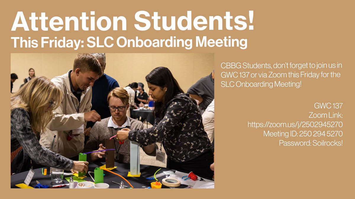 Students 📆: this Friday, join in on the SLC Onboarding Meeting in GWC 137 or on Zoom!