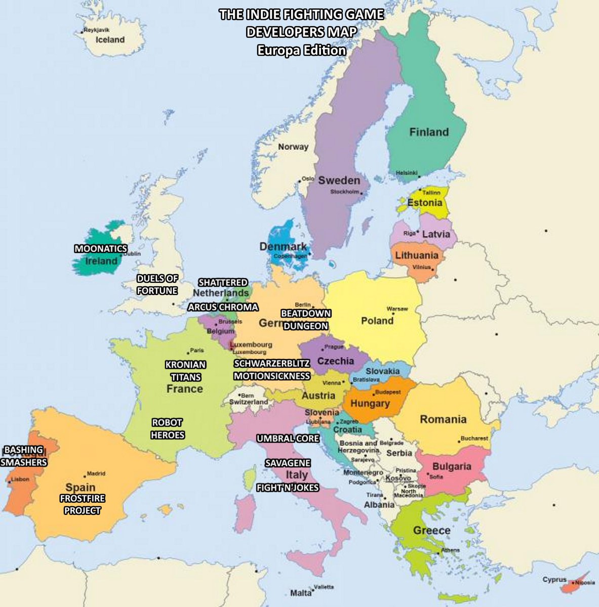 Speaking only of traditional PvP fighting games [no beat'em ups/single player games], which developers am I missing on this European map? Position inside countries are not to scale (wasn't sure if I should count for DE or IT)😌 #FGC #indiedev #gamedev