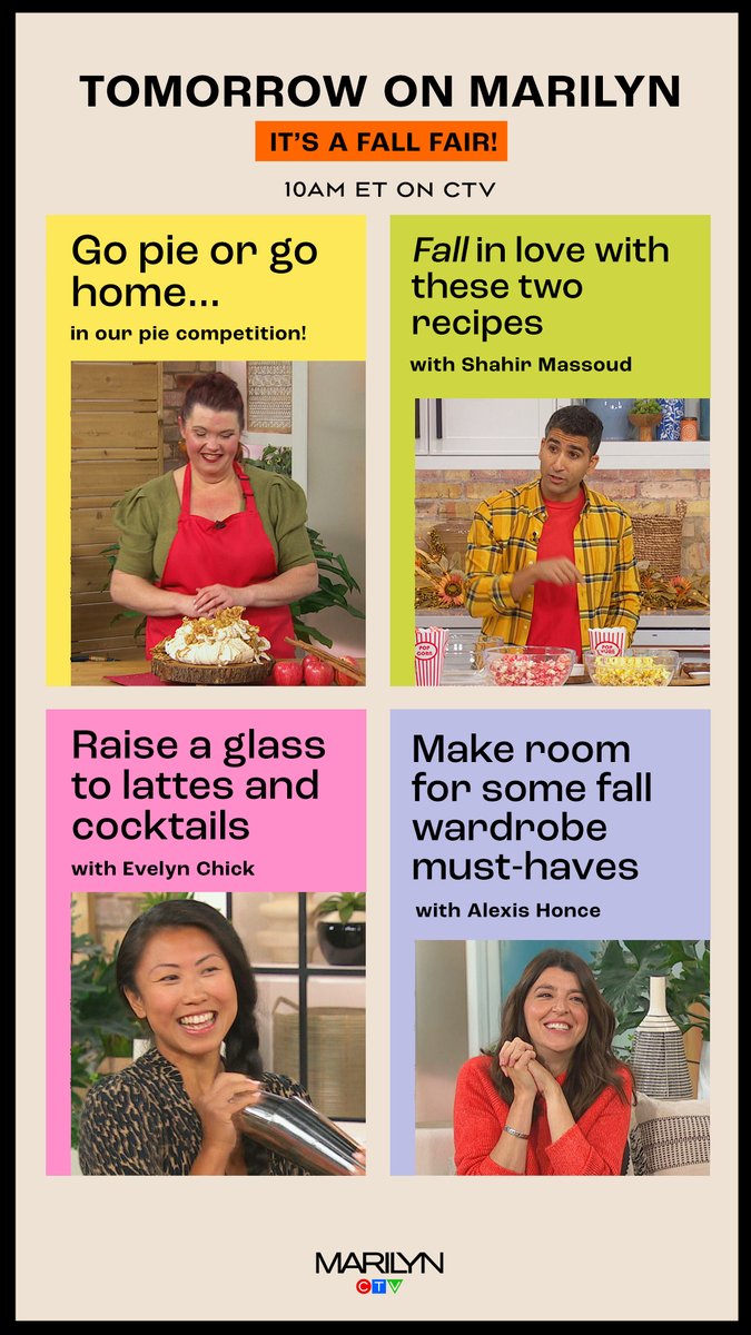TheMarilynShow's tweet photo. It's fall y'all and tomorrow we're celebrating with fair food, fashion and cocktails! Watch two bakers go head to head in our pie competition 🥧, make some fair-inspired recipes with @chefShahir 🍿 and shop all the must-have pieces for the season with @Alexis_Honce 🍂 . https://t.co/Vy9LEUjrXq