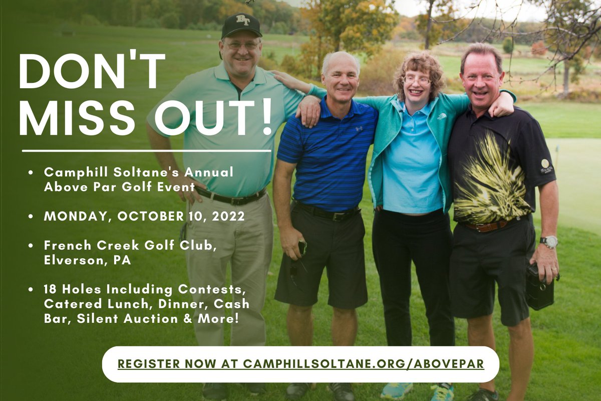 CamphillSoltane's tweet photo. 📣 Don't miss out! Register today for Camphill Soltane's annual Above Par Golf Event at https://t.co/Gv6pRP6dyN!

💚 Monday, Oct. 10, 2022
💚 French Creek Golf Club, Elverson, PA
💚 18 holes including contests, catered lunch, dinner, cash bar, &amp; more!

See you on the green! https://t.co/Kt7GkofV9Q