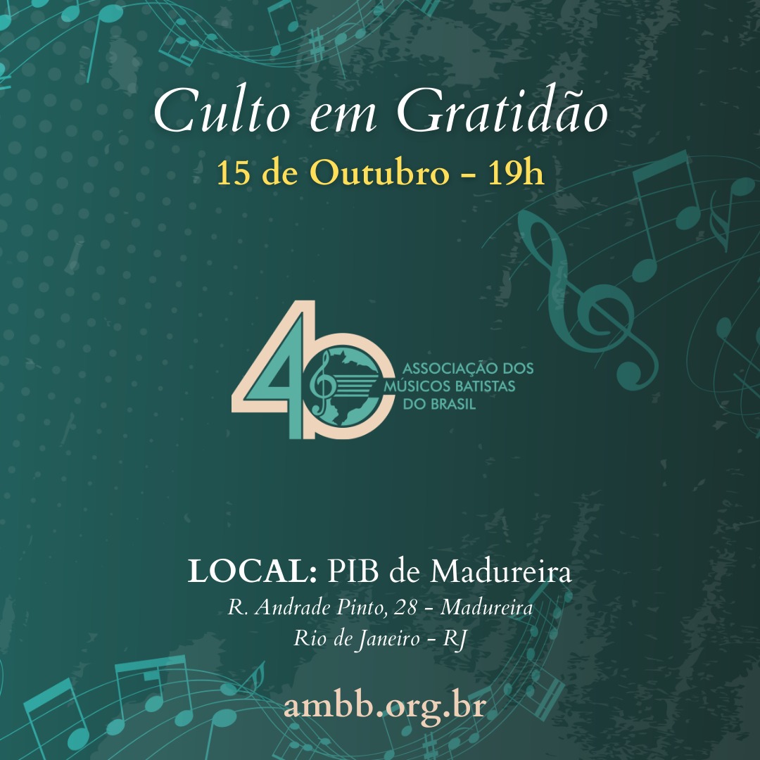 batistasdacbb's tweet photo. 40 ANOS DA AMBB

No dia 15 de outubro, celebraremos o 40° aniversário AMBB, na PIB em Madureira (RJ) e transmissão ao vivo no canal da AMBB no Youtube.

Marque e convide os músicos da sua Igreja para esta festa. Mais informações no site https://t.co/z7nWqdg40L

#CBB #AMBB https://t.co/BHvawzOj9c