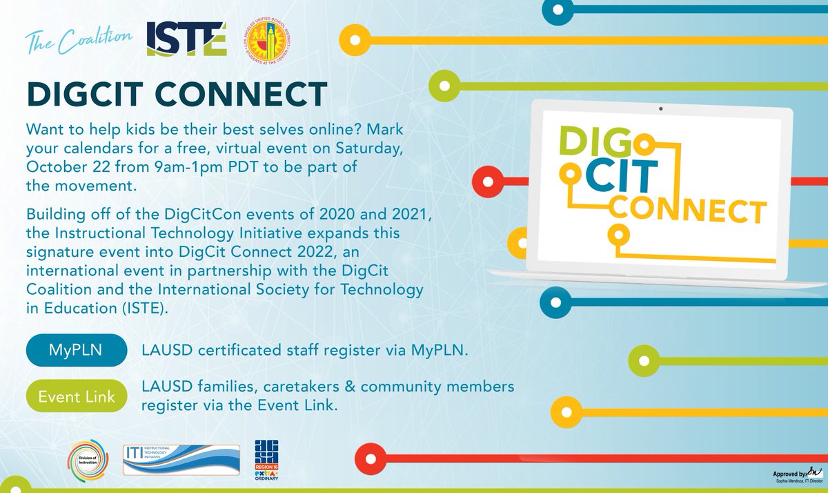 Join us for DigCit Connect, a collaboration between @ITI_LAUSD, @iste &amp; <a href="/DigCitCommit/">DigCitCommit</a>! Mark your calendars for this virtual event on Saturday, October 22, 9 am -1 pm PDT to help kids be their best selves online! 

Learn more here: bit.ly/DigCitConnect

#DigCitLA #DigCitConnect