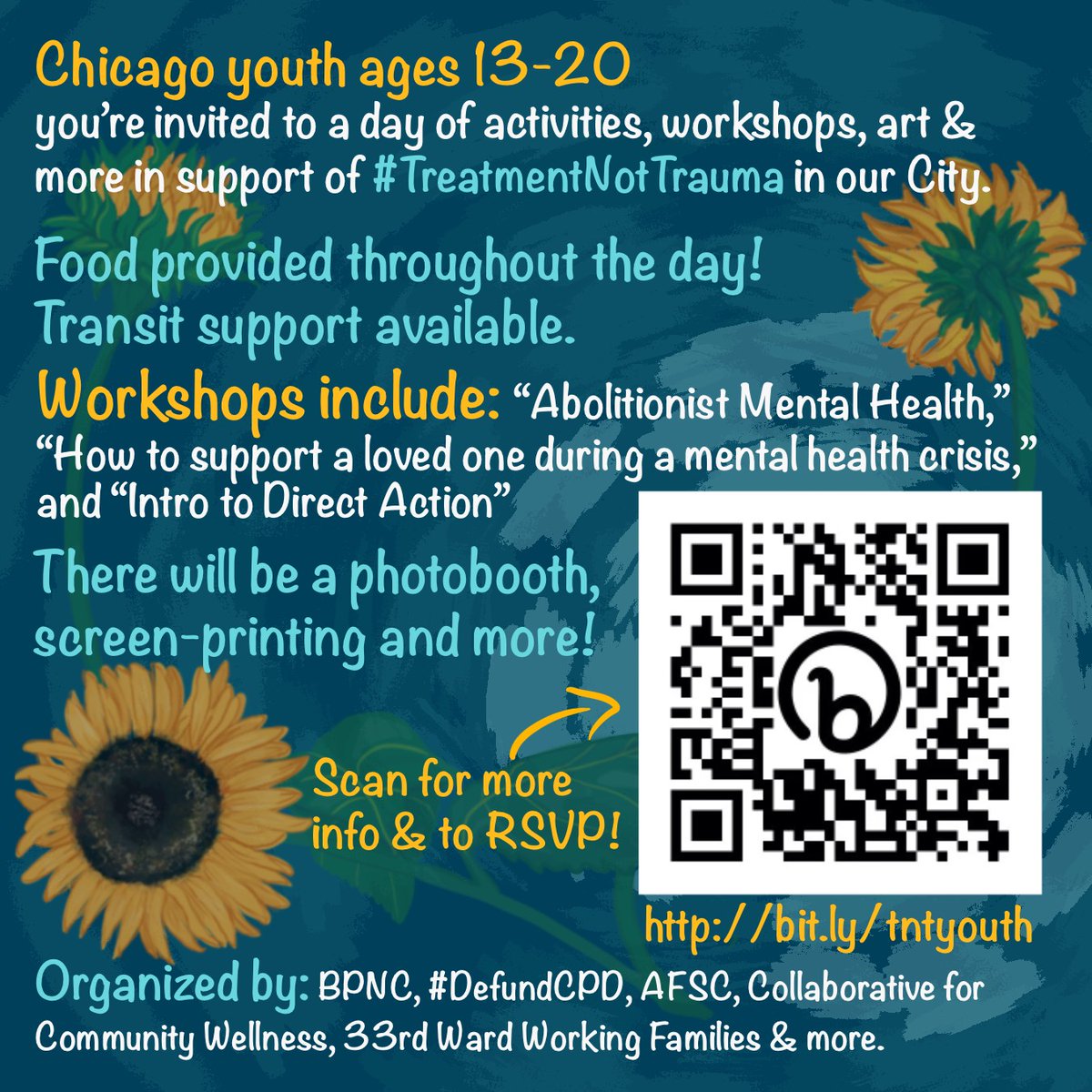 📣 Calling all young people 📣

The #TreatmentNotTrauma team has been hard at working creating a youth summit focused on what mental health should look like in our city. Mark your calendars for October 15th! 

RSVP at bit.ly/tntyouth! Got some Qs? Send us a DM!