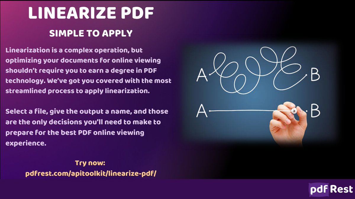 pdfRest's tweet image. Linearization is simple to apply when using @pdfRest&apos;s Linearize PDF REST API.  Select a file, give the output a name, and those are the only decisions you’ll need to make to begin applying linearization to your #PDF. 

Try now: pdfrest.com/apitoolkit/lin… 

#optimizepdf