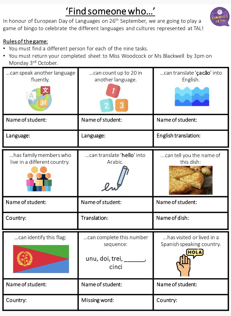 To honour European Day of Languages, and in celebration of the diverse cultures and languages 
represented at TAL, this week students are taking part in a giant game of linguistic bingo! Look out for more info in your Spanish lessons, we can’t wait to see your entries! 🌍⭐️💜