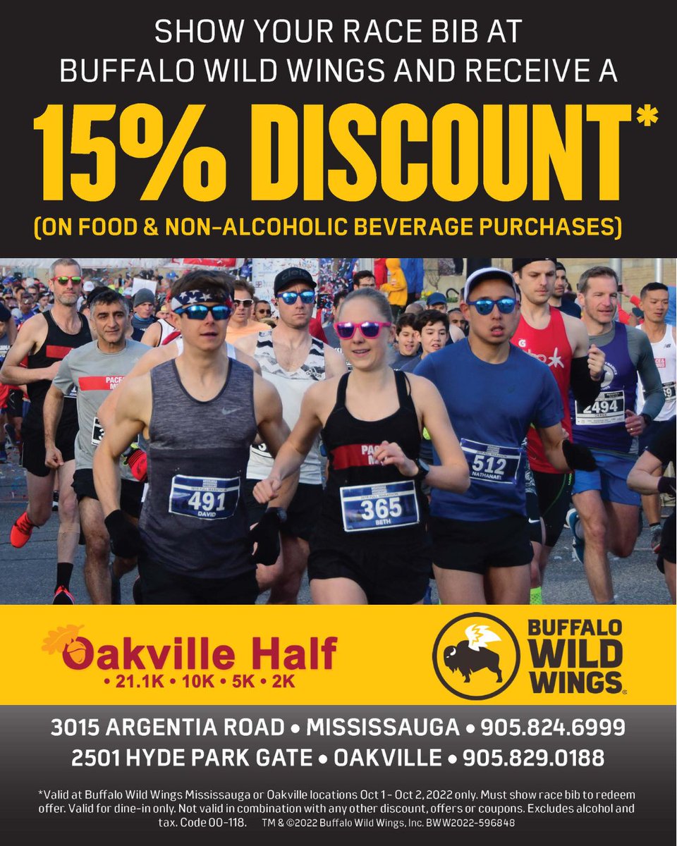 OakvilleHalf's tweet photo. Celebrate your race this weekend with Buffalo Wild Wings. Oakville Half Marathon participants receive a 15% discount when you present your race bib at the Mississauga and Oakville Locations. Offer valid Oct 1st-2nd
#OakvilleHalf #oakvillehalf2022 #halfmarathon #buffalowildwings https://t.co/P9XiKClKtb