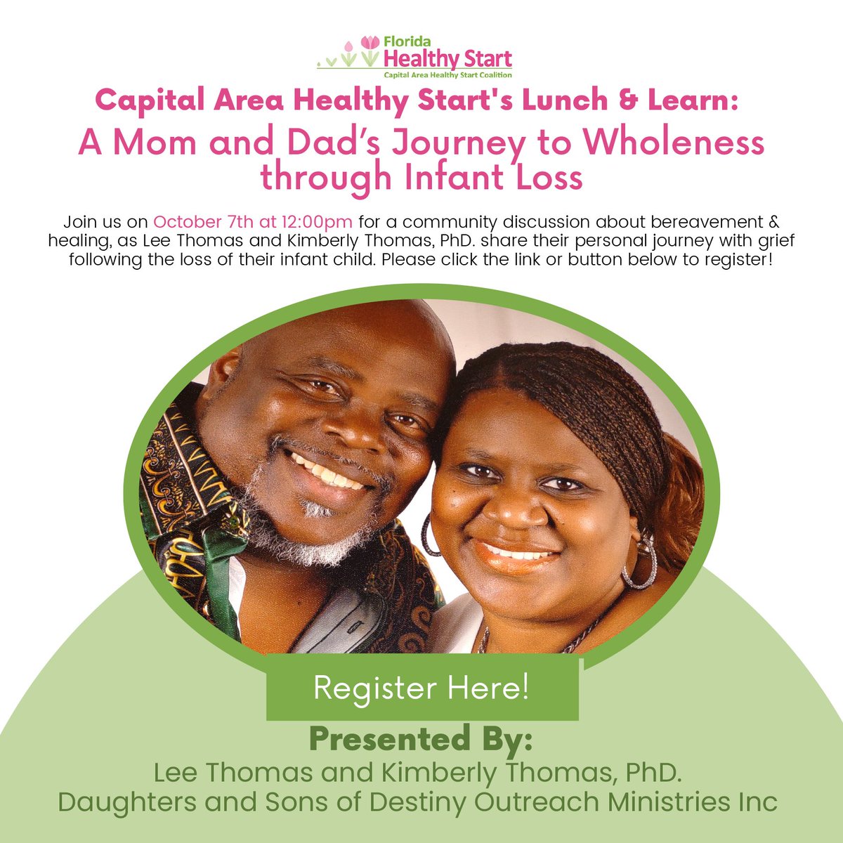 CAHealthyStart's tweet photo. Join us for our October Lunch &amp; Learn! 
WHEN: Fri. Oct. 7 at noon. 
TOPIC: A Mom &amp; Dad’s Journey to Wholeness through Infant Loss
Hear Lee Thomas &amp; Kimberly Thomas, PhD. as they share their personal journey with grief. Join by Zoom, registration required. https://t.co/sX9Q7GF1OR https://t.co/BL9vEjDDbE