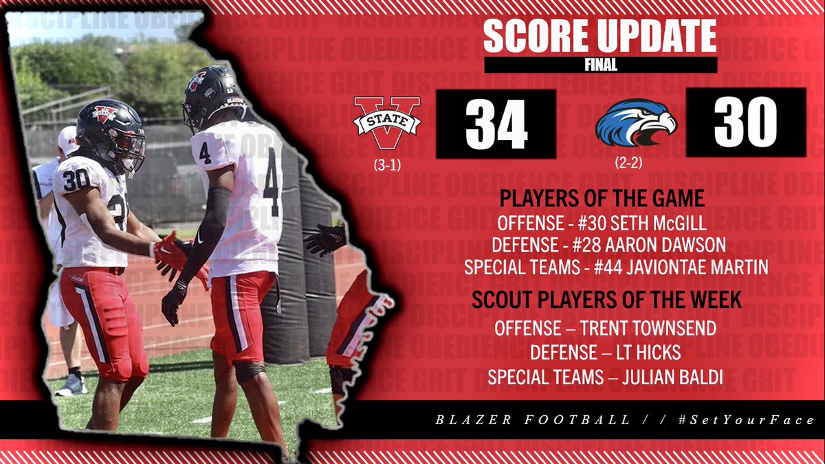 Great TEAM win! Blazer Nation, give it up for your players of the week! More work to be done this week, we look forward to seeing our fans in Cleveland, MS October 1st @ Delta State University‼️ #KTF #SetYourFace